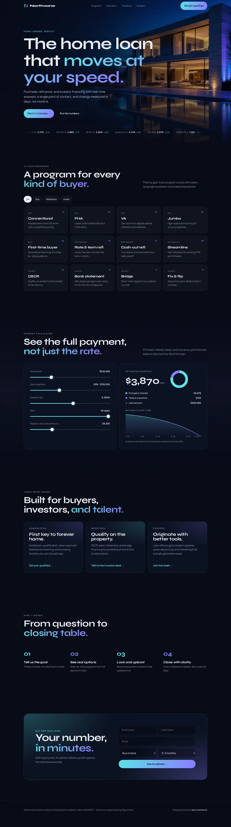 Full-page screenshot of the Northvane Home Lending demo website