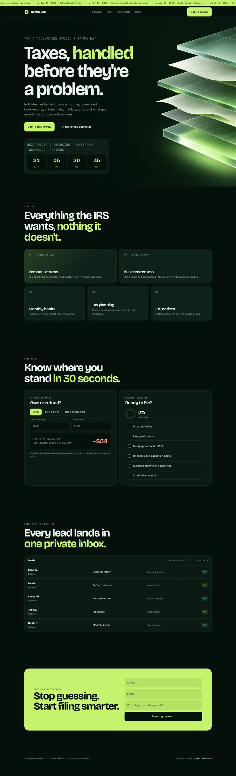 Full-page screenshot of the Tallyhouse Tax Studio demo website