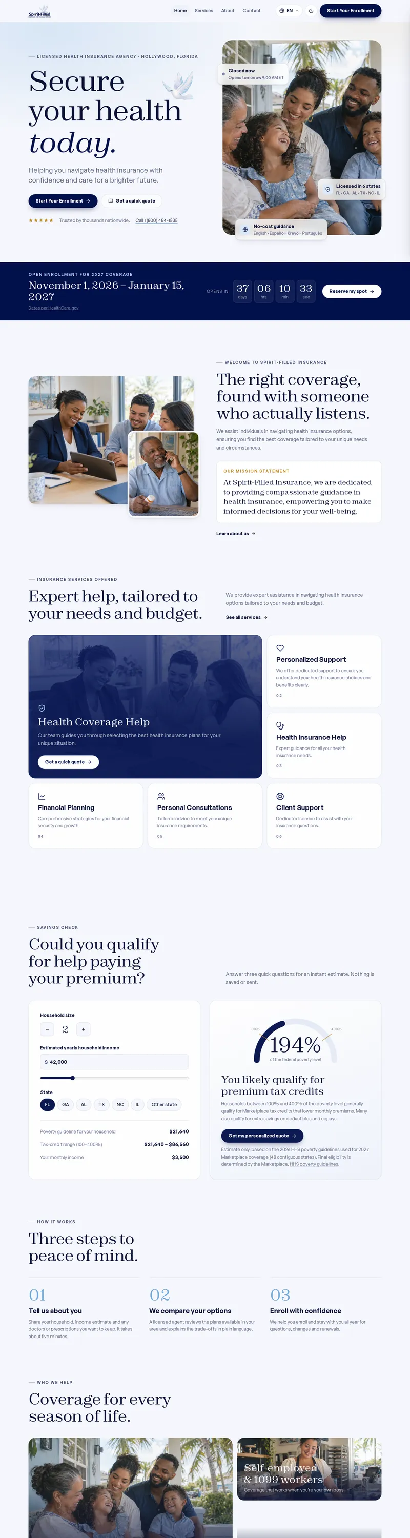Full-page screenshot of the Spirit-Filled Insurance website