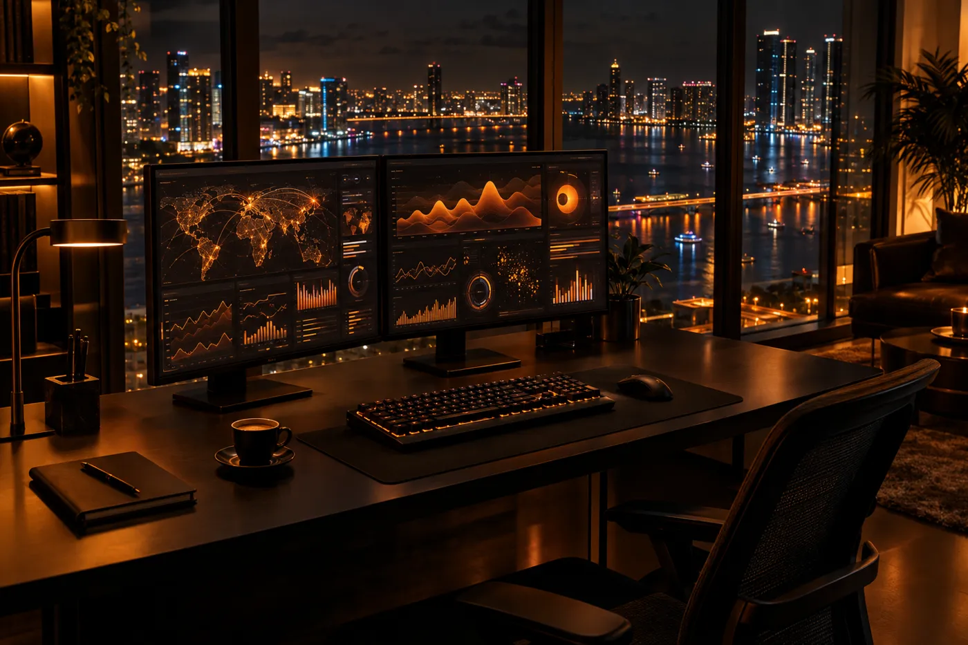 A workstation at night overlooking Biscayne Bay, monitors showing amber dashboards